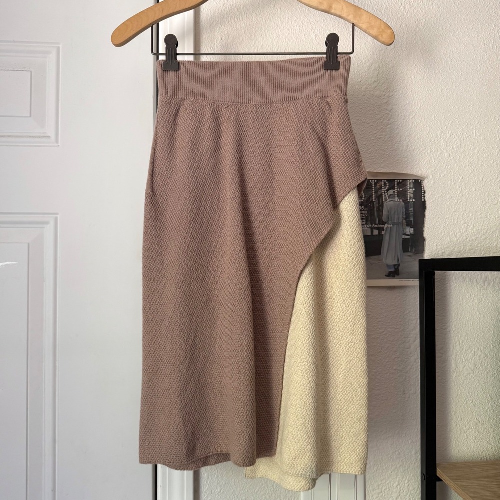 SELVA NEGRA cream tan color block layered pull on knit midi skirt